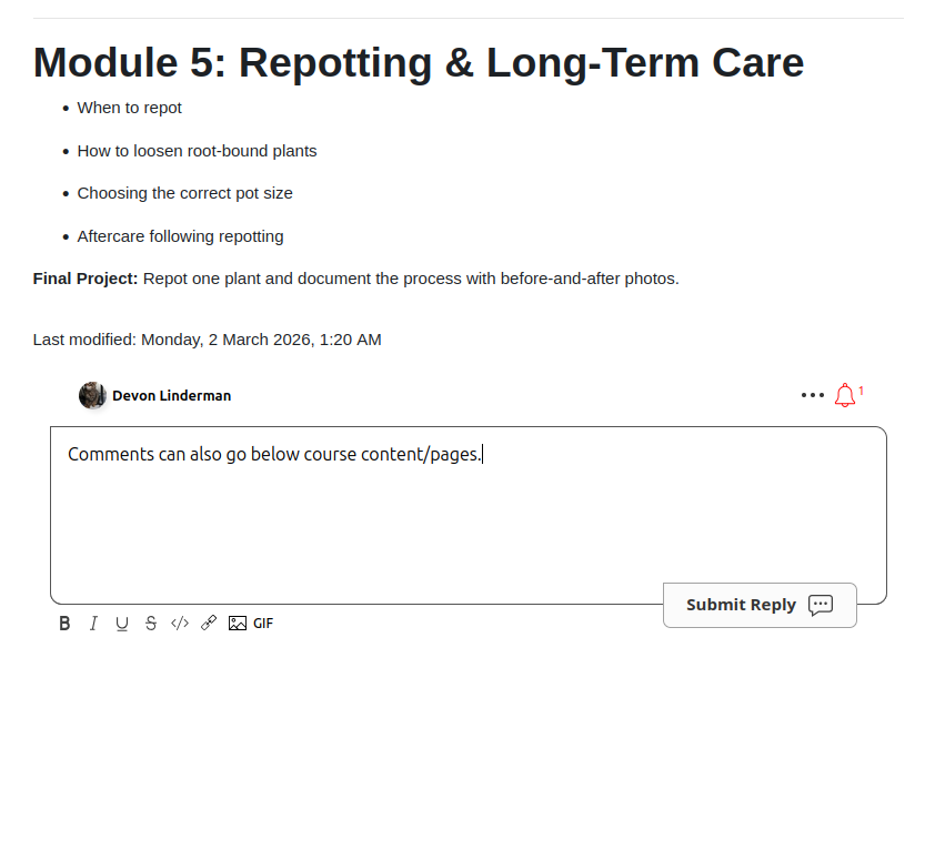 Comments on a course page